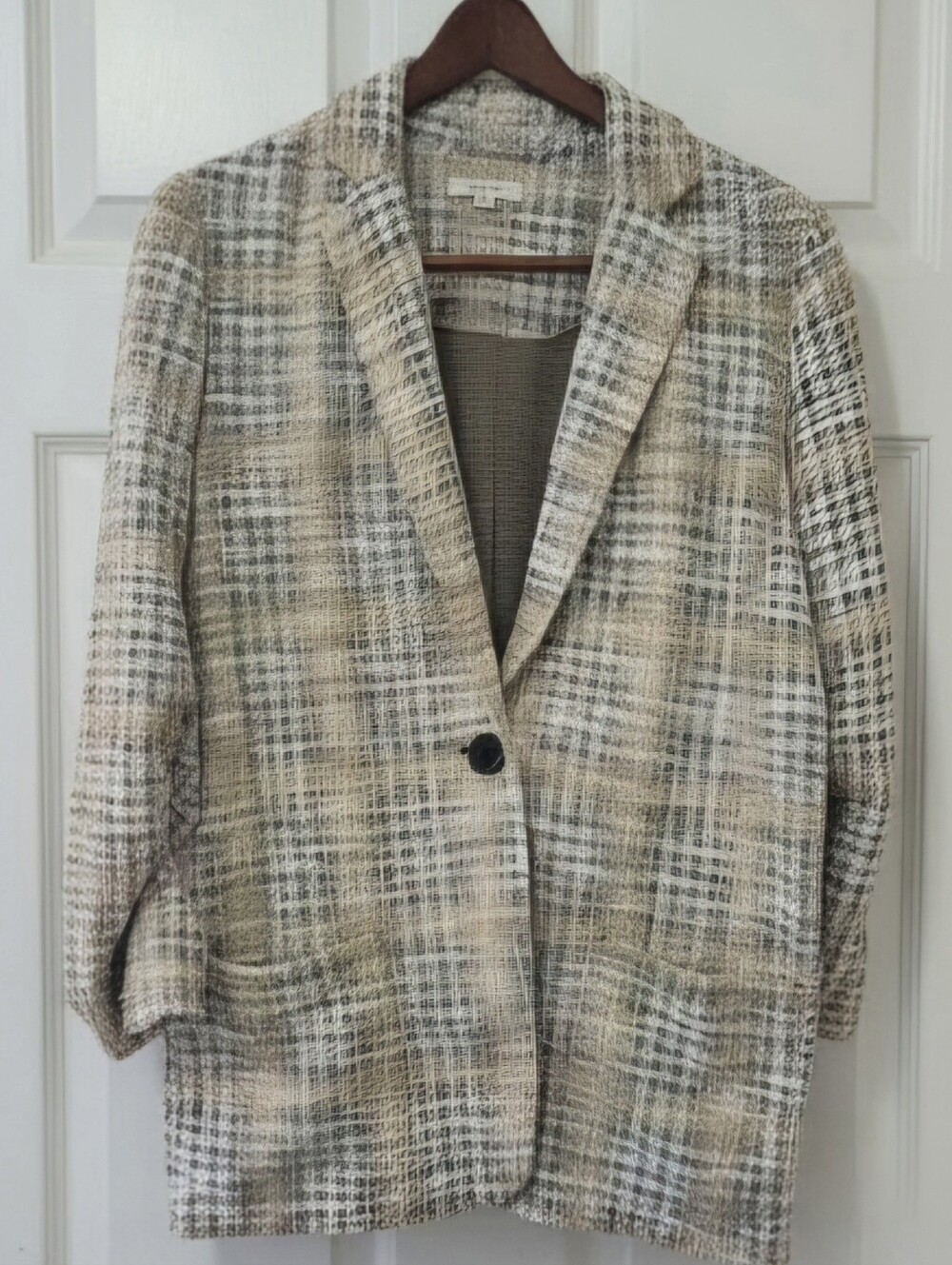 Max Studio Neutral Plaid Knit Tweed Blazer 3/4 Ruched Sleeve Size M